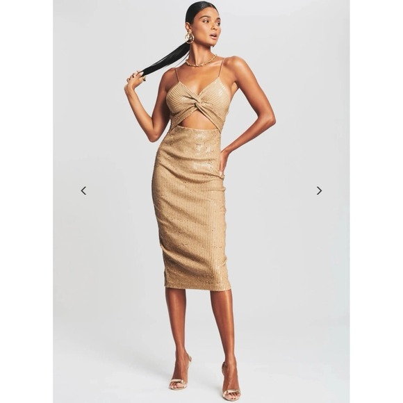 Retrofête Saraih Nude Sequin Knit Twist Front Cutout Midi Dress XS